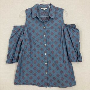 Foxcroft Blue Red Geometric Cold Shoulder Cotton Button Down size 16
